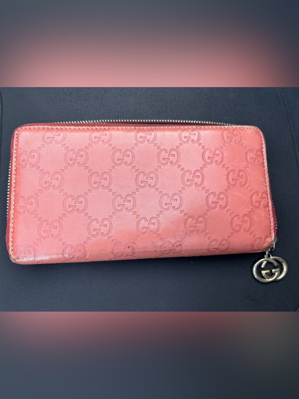 Authentic Gucci Pink Embossed Monogram Zip Wallet with Zipper charm!